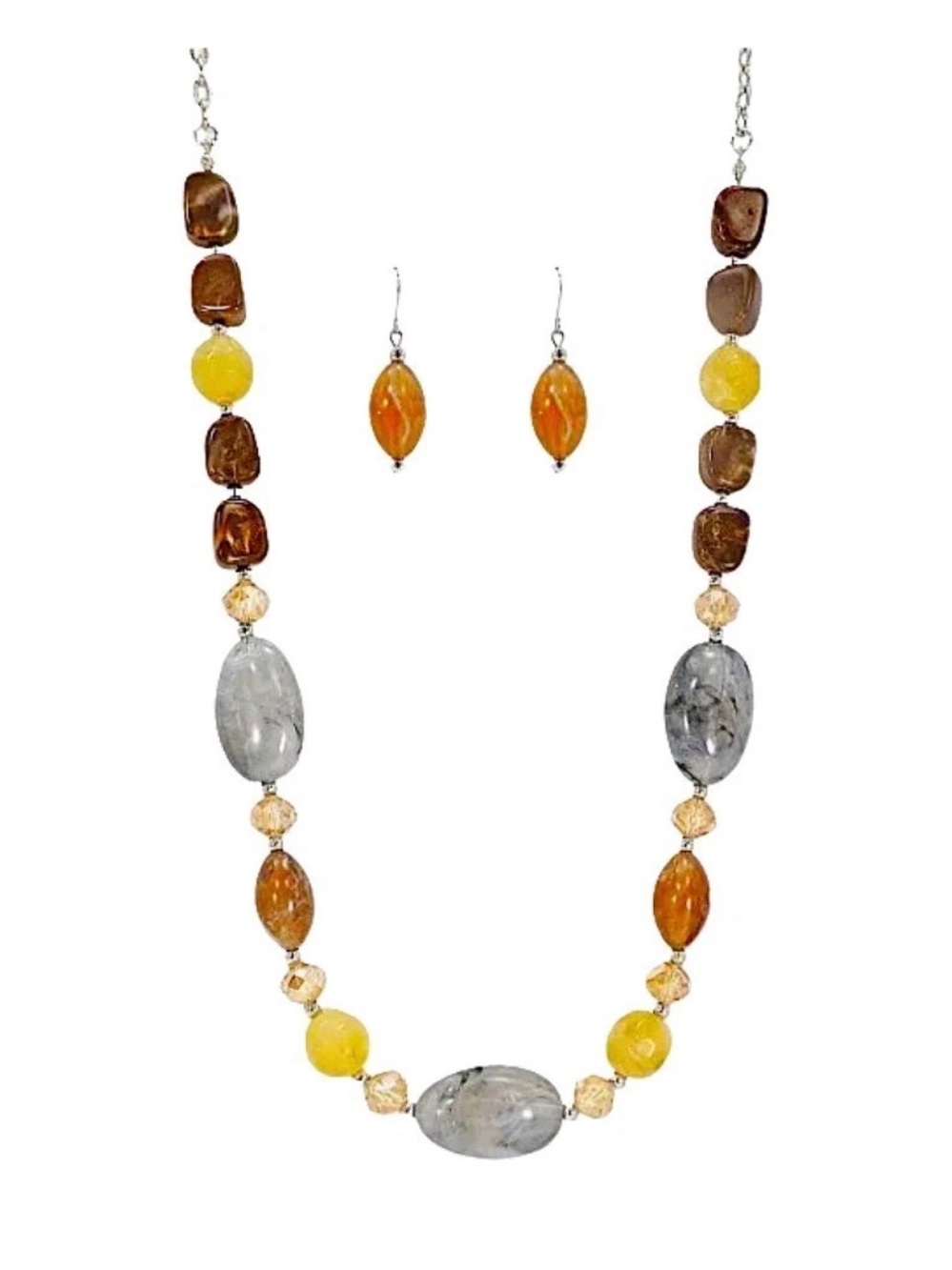 Multicolor Neutral Bead Necklace  Earring Set Brown Beige Gray Statement jewelry